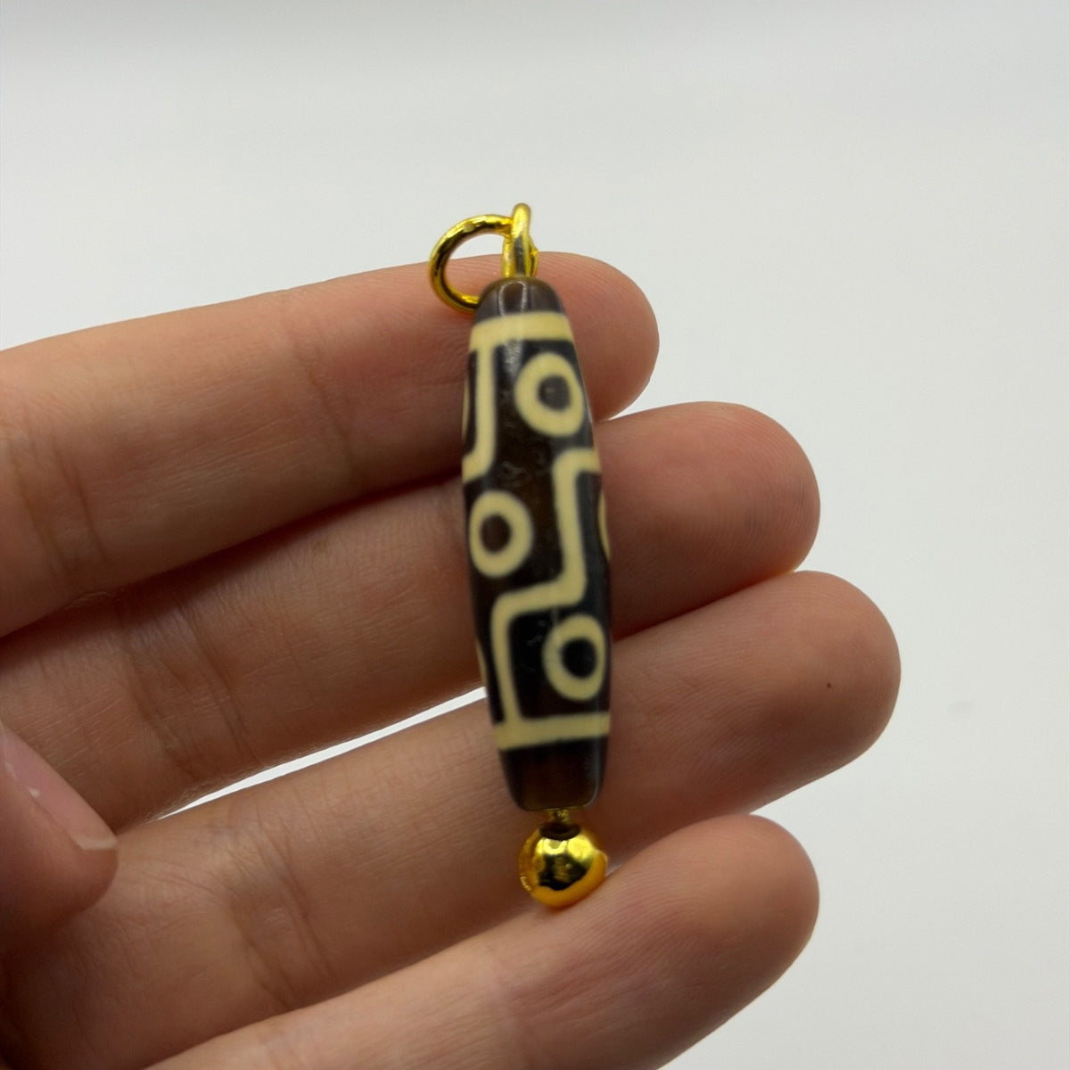 Vintage Tibetan Dzi Eye Agate Bead Tube Pendant Gold Tone Charm