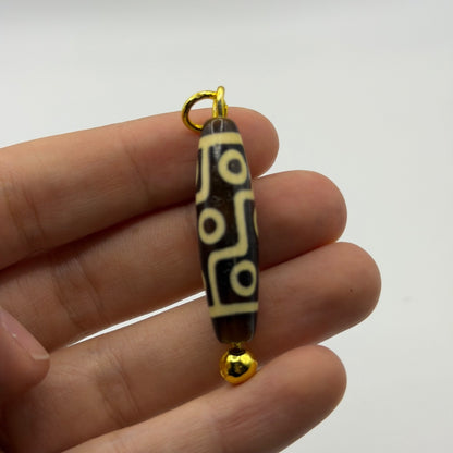 Vintage Tibetan Dzi Eye Agate Bead Tube Pendant Gold Tone Charm