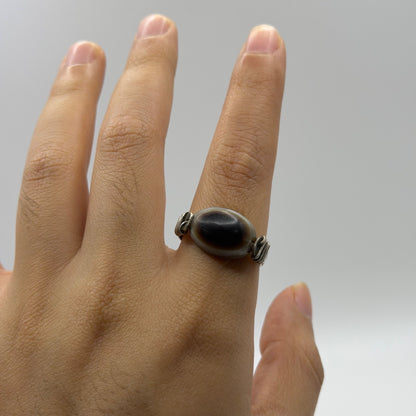 Eyed Dzi Agate Banded Bead Silver Wire Wrapped Ring