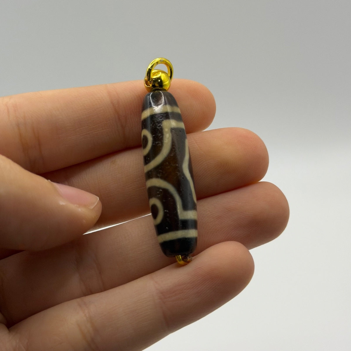 Vintage Tibetan Dzi Eye Agate Bead Tube Pendant Gold Tone Charm