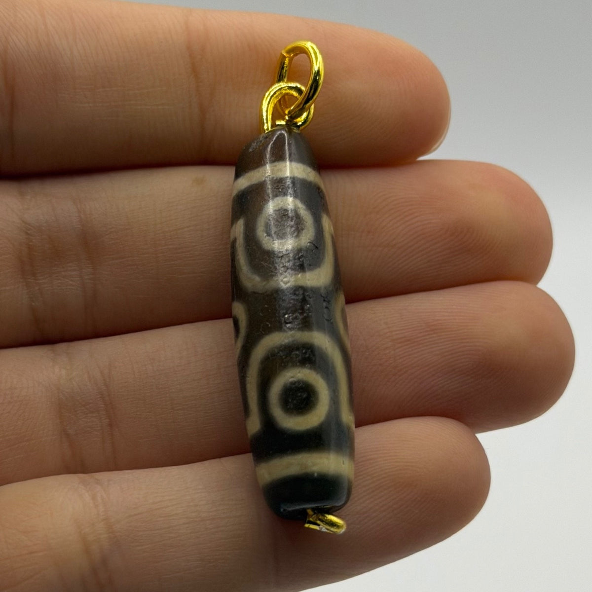 Vintage Tibetan Dzi Eye Agate Bead Tube Pendant Gold Tone Charm