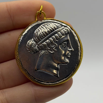 Ancient Roman Greek Style Silver & Gold Plated Coin Pendant