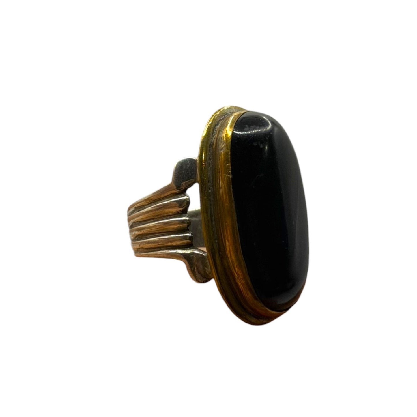 Silver Ribbed Band Ring with Oval Black Onyx Stone