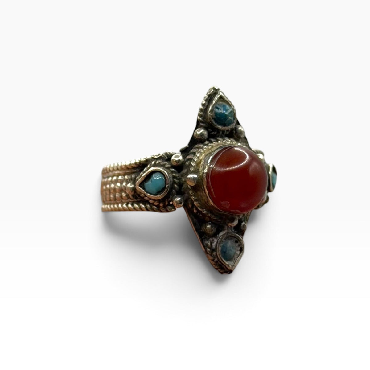 Silver Carnelian Turquoise Multi Stone Tribal Ethnic Marquise Statement Ring