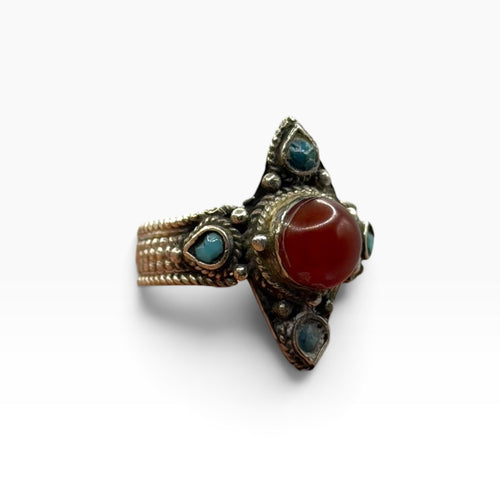 Silver Carnelian Turquoise Multi Stone Tribal Ethnic Marquise Statement Ring