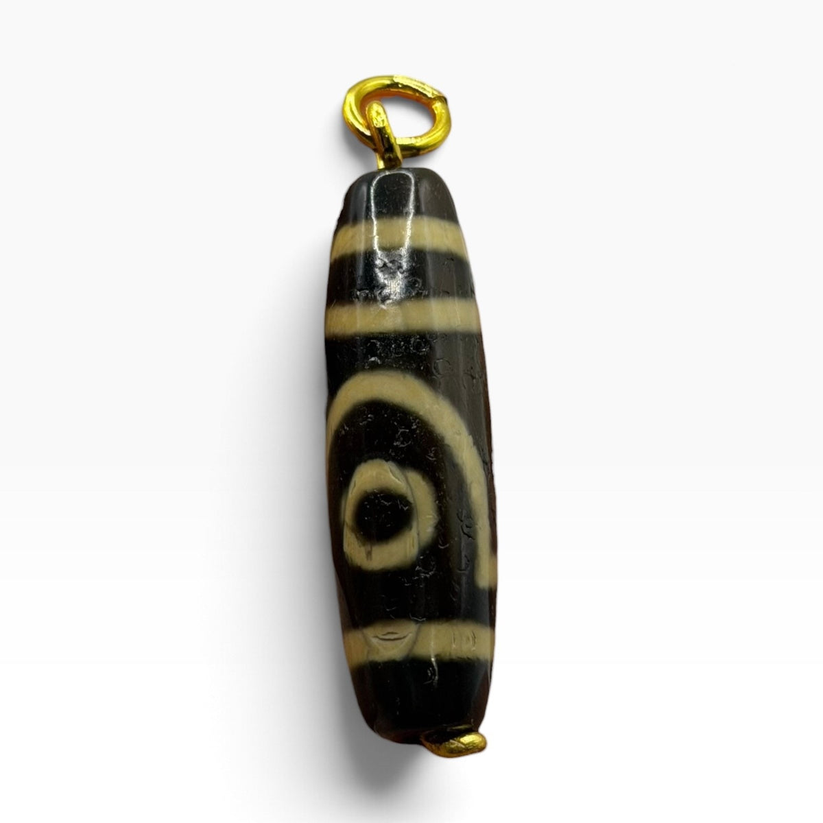 Vintage Tibetan Dzi Eye Agate Bead Tube Pendant Gold Tone Charm