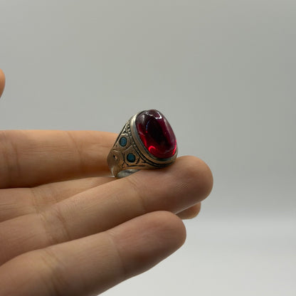 Vintage Silver Red Glass Ring Turquoise Accent Inlay Tribal Style
