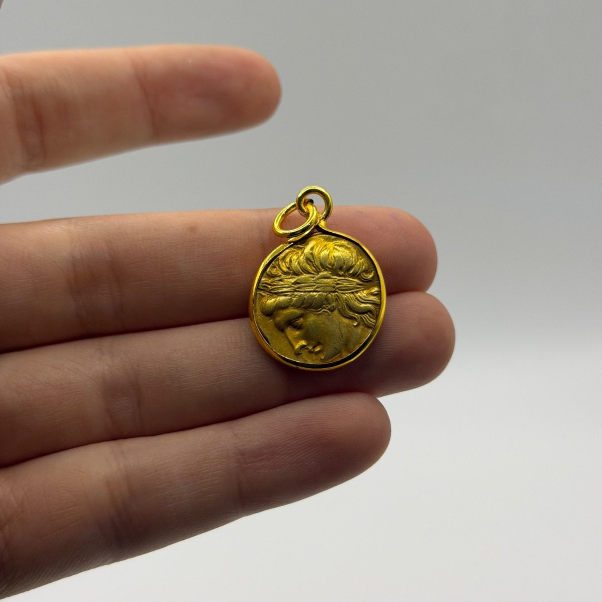 Ancient Roman Greek Style Gold Tone Coin Pendant
