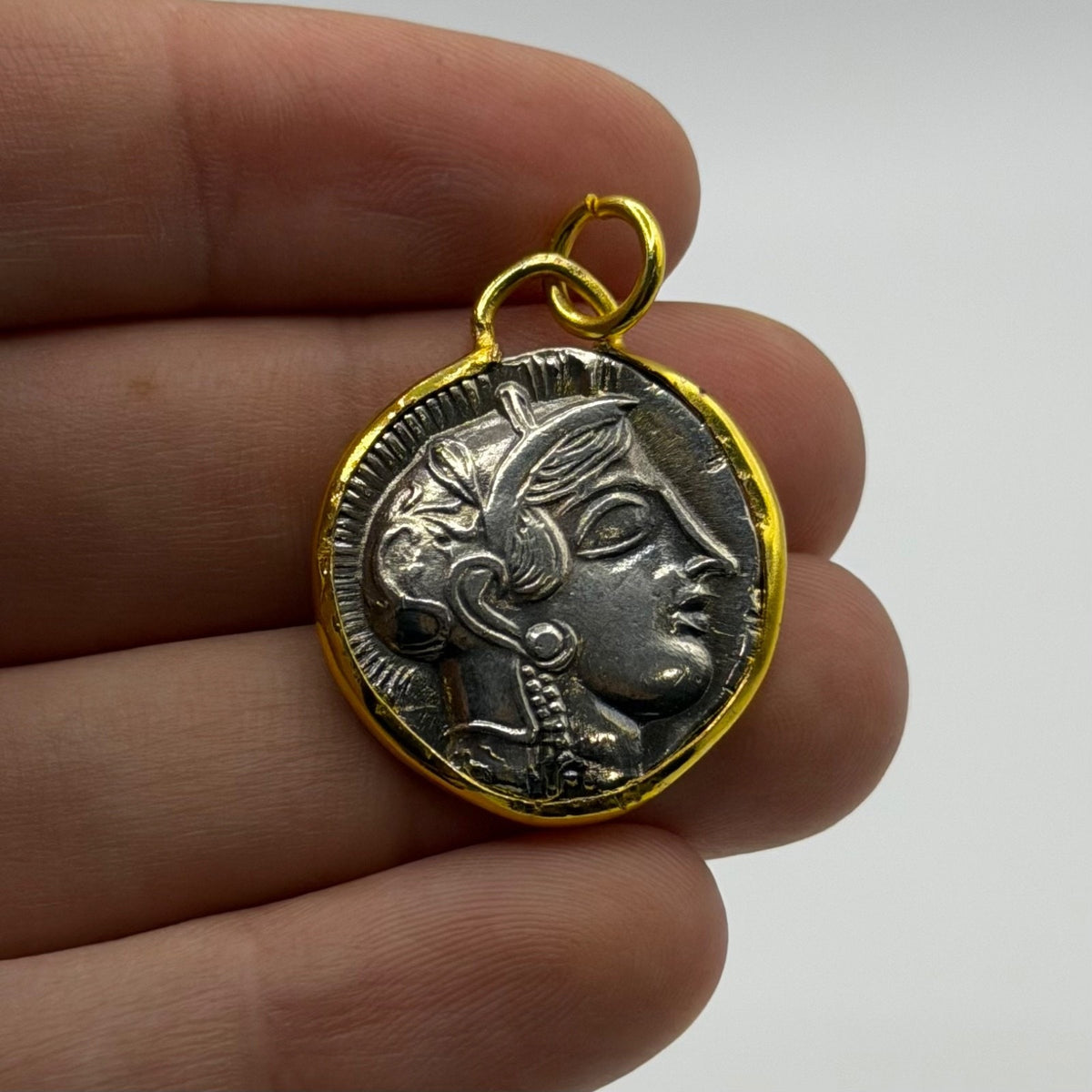 Ancient Style Silver Coin Pendant Gold Plated Framed Athena Goddess Charm⁠