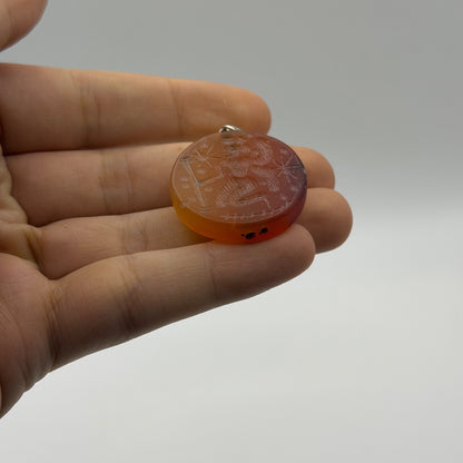 Etched Natural Carnelian Agate Gemstone Round Intaglio Figural Pendant Charm