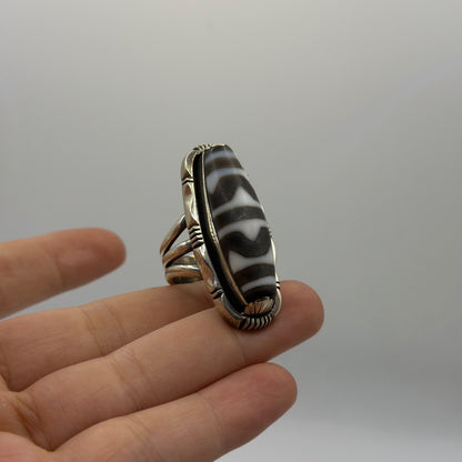 Vintage Tibetan Dzi Bead Sterling Silver Ring