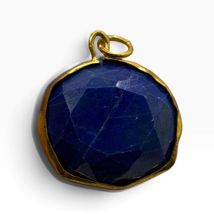 Natural Afghan Lapis Lazuli Faceted Round Pendant Gold Tone Gemstone Charm