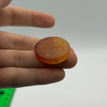 Vintage Carved Carnelian Agate Disc Pendant – Hand Engraved Archer Zodiac Figure