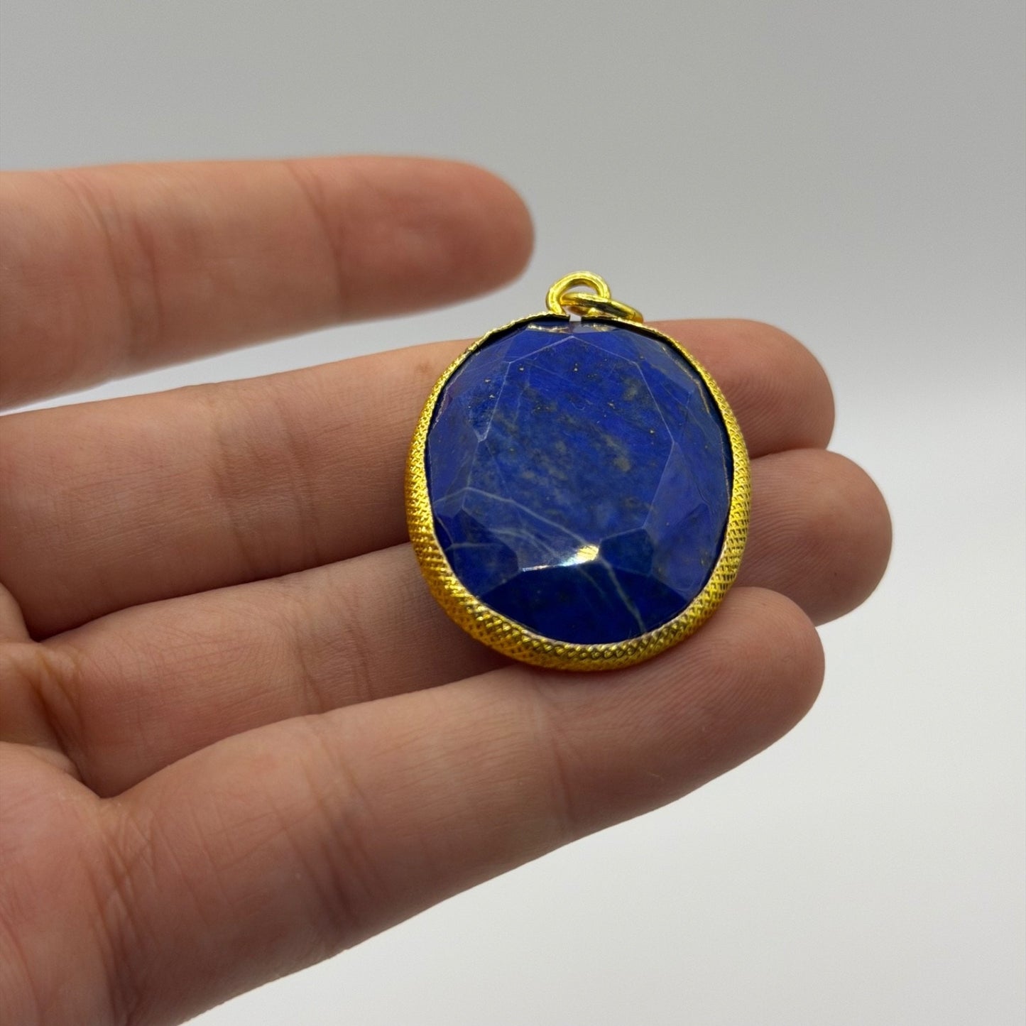 Natural Afghan Lapis Lazuli Faceted Oval Pendant Gold Tone Gemstone Charm