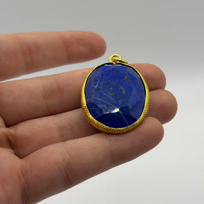 Natural Afghan Lapis Lazuli Faceted Oval Pendant Gold Tone Gemstone Charm