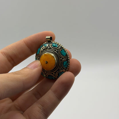 Vintage Tibetan Tribal Round Mandala Pendant Faux Amber Turquoise Mosaic
