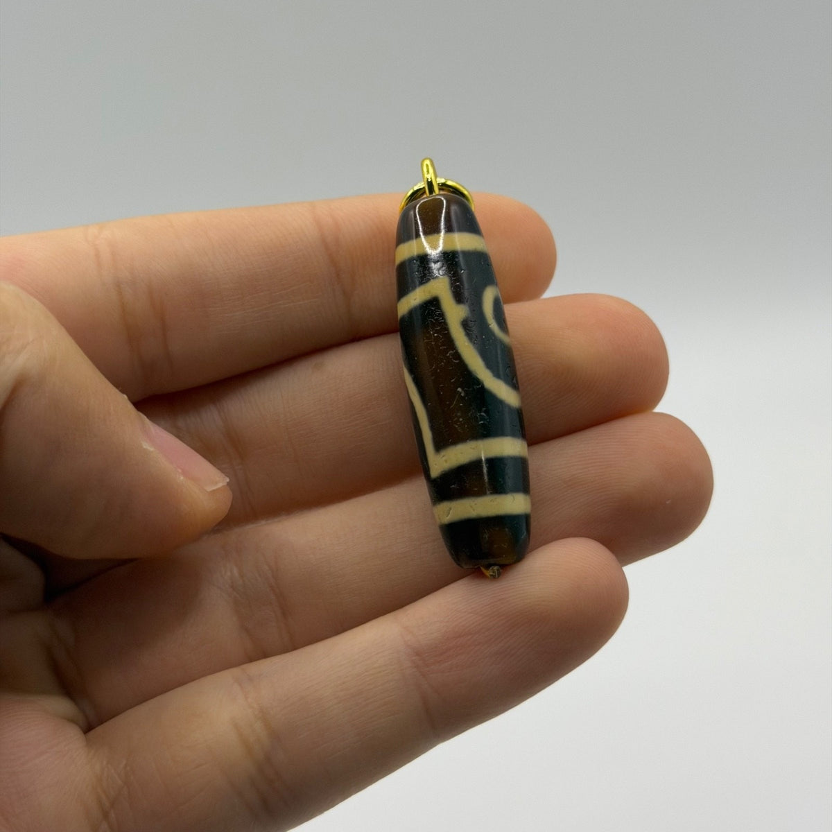 Vintage Tibetan Dzi Eye Agate Bead Tube Pendant Gold Tone Charm