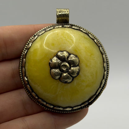 Vintage Nepalese Tribal Round Yellow Amber Resin Pendant Brass Flower Detail