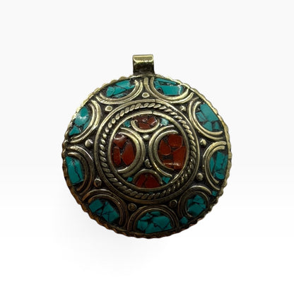 Handmade Tibetan Nepalese Stone Inlaid Brass Pendant