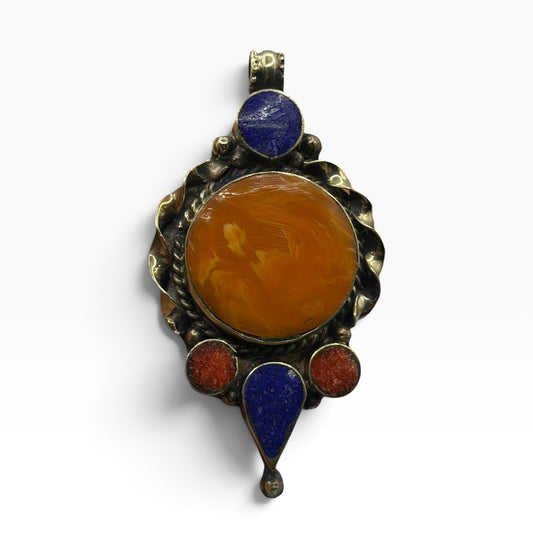 Vintage Nepalese Tribal Pendant Faux Amber Lapis Lazuli Red Coral Ethnic Jewelry