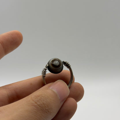 Vintage Silver Eye Agate Bead Ring Wire Wrapped Boho Ethnic Statement