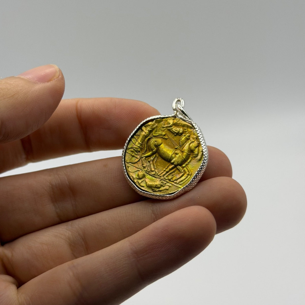 Ancient Roman Greek Style Gold Tone Coin Pendant