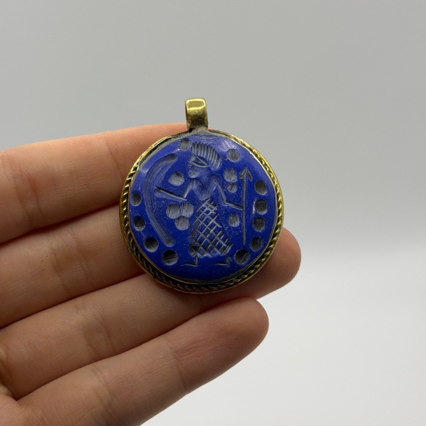 Vintage Lapis Blue Glass Intaglio Pendant –Hand Carved Warrior Figure Rope Brass