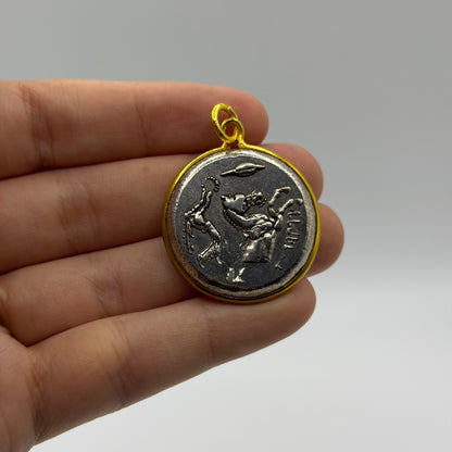 Ancient Roman Greek Style Silver & Gold Tone Coin Pendant