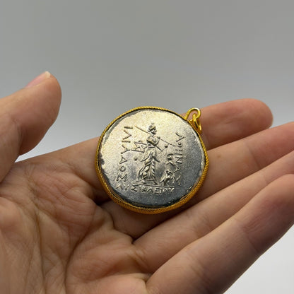 Ancient Roman Greek Warrior Style Coin Pendant Gold Tone Frame Medallion Charm