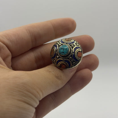 Unique Handmade Tribal Nepalese Multi Stone Silver Tone Ring