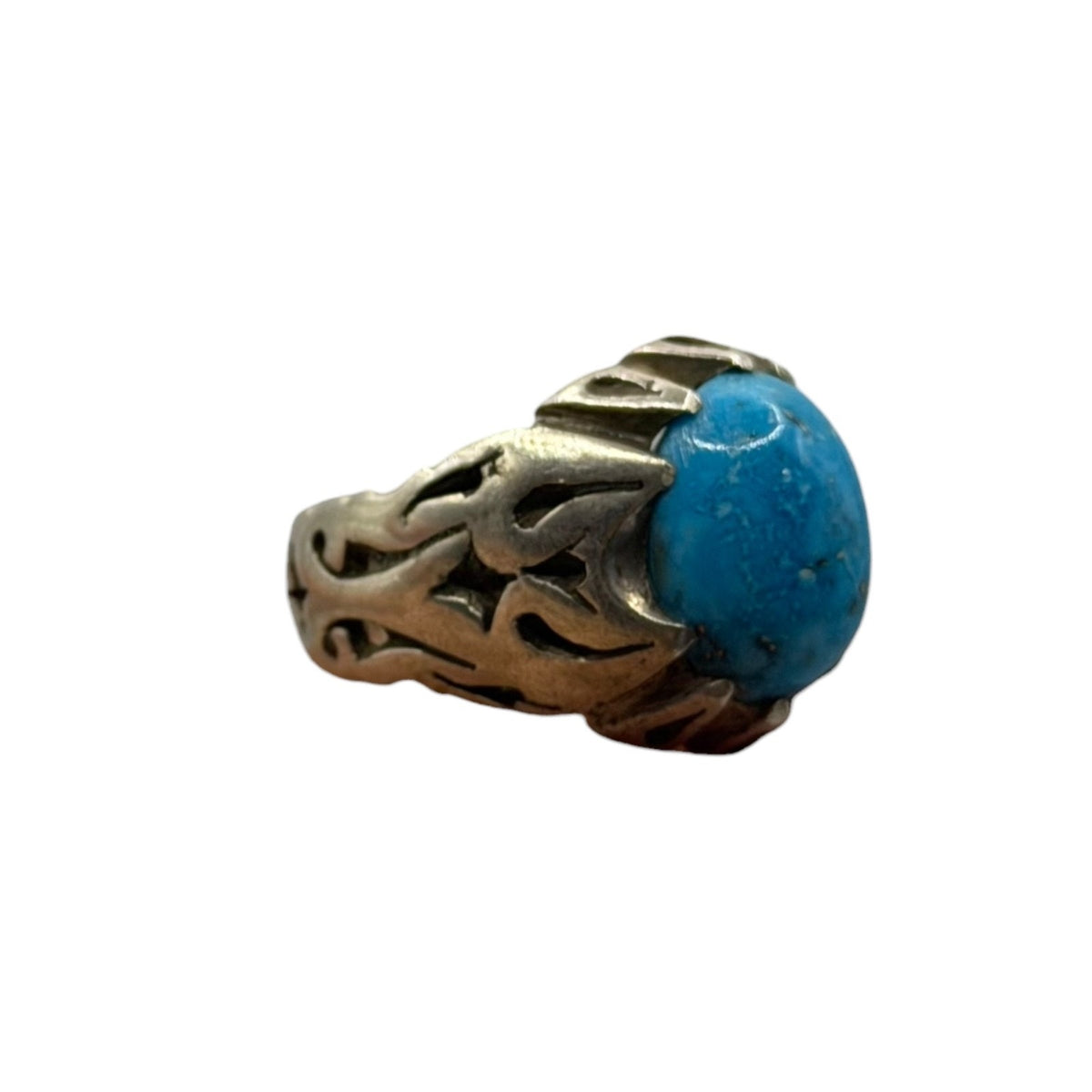 Sterling Silver Tribal Flame Design Ring with Turquoise Cabochon Stone