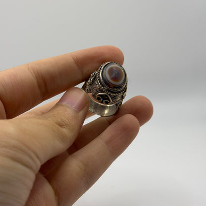 Silver Filigree Ring with Round Banded Agate Cabochon