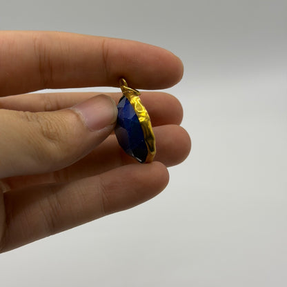 Natural Afghan Lapis Lazuli Faceted Round Pendant Gold Tone Gemstone Charm