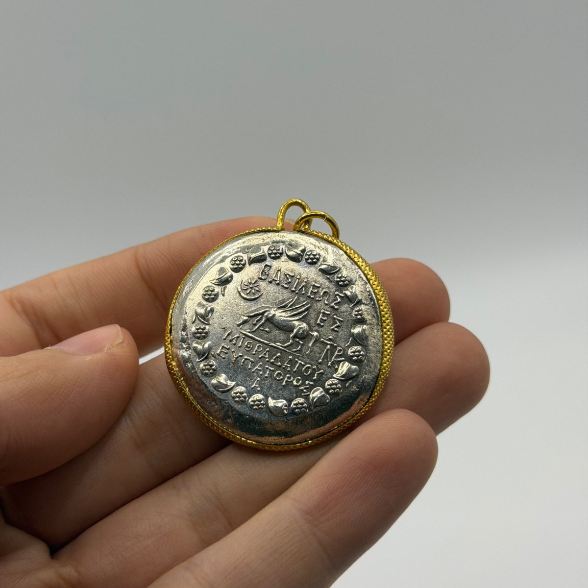 Ancient Roman Greek Inspired Silver Plated Gold Gilded Coin Pendant