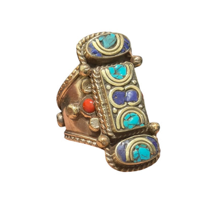 Unique Tribal Nepalese Multi Stone Silver Tone Ring