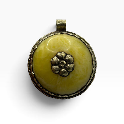 Vintage Nepalese Tribal Round Yellow Amber Resin Pendant Brass Flower Detail