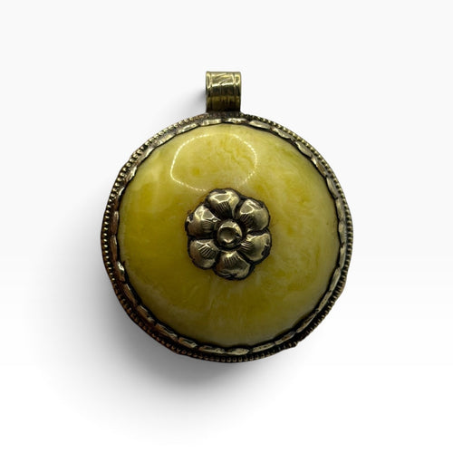 Vintage Nepalese Tribal Round Yellow Amber Resin Pendant Brass Flower Detail