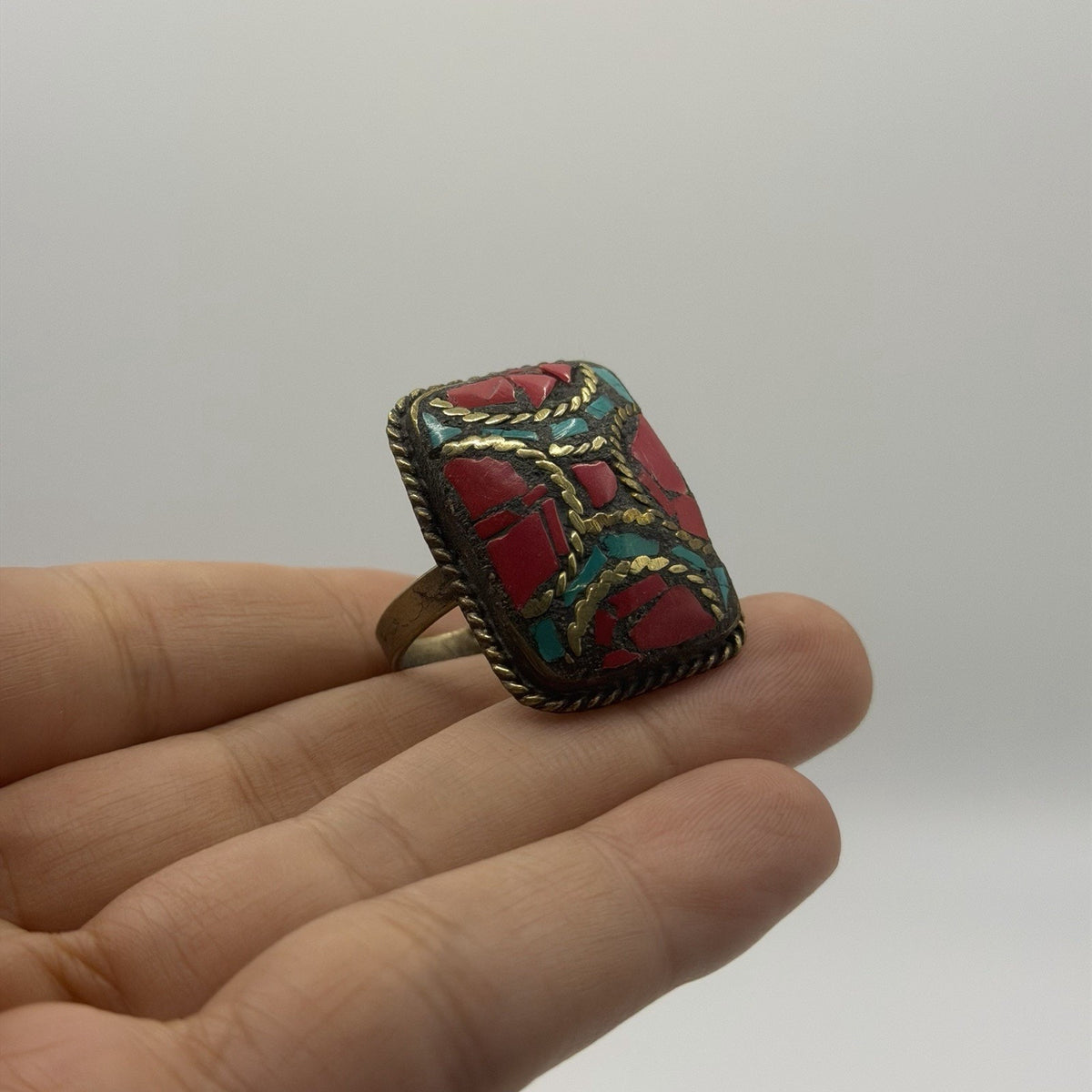 Vintage Nepalese Tribal Brass Ring With Stones