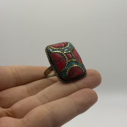 Vintage Nepalese Tribal Brass Ring With Stones