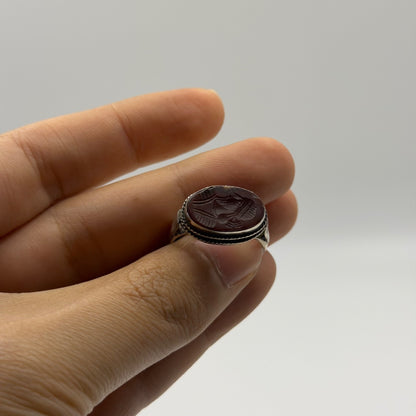 Vintage Silver Intaglio Seal Ring Rope Border Bezel Carved Stone Signet