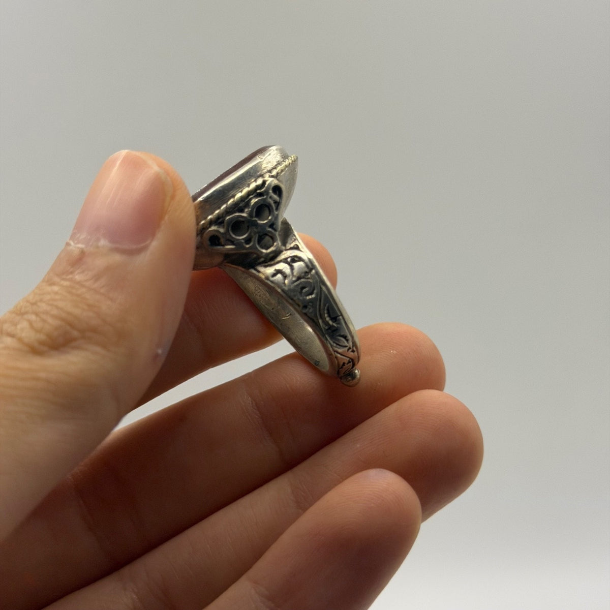 Antique Style Silver Filigree Ring with Oval Black Intaglio Gemstone