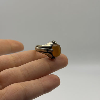Vintage Silver Ring Oval Yellow Stone Solitaire Band Antique Style