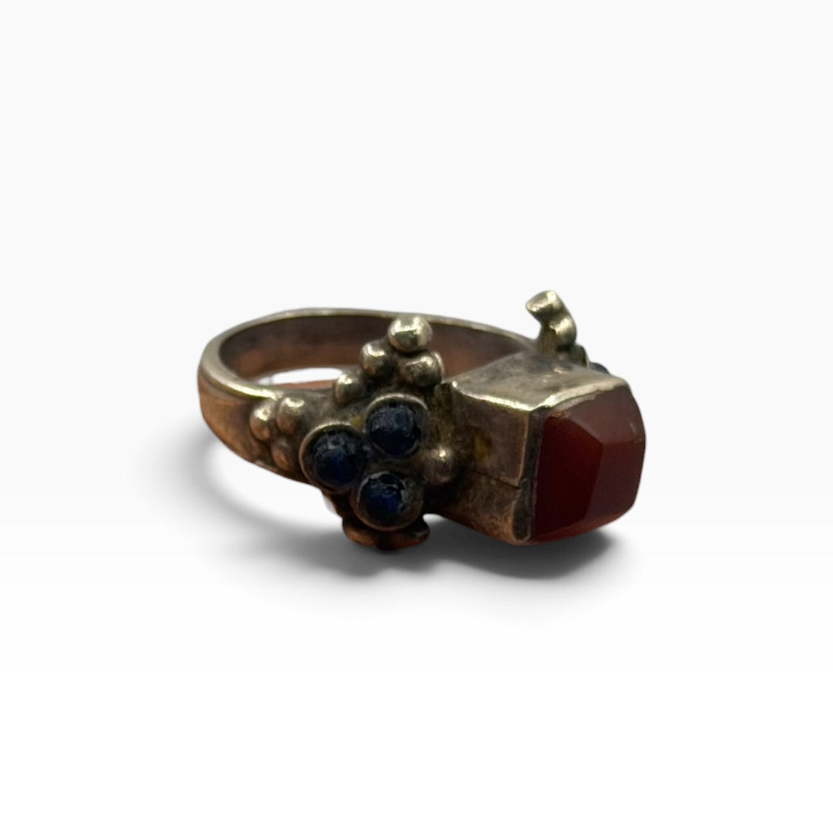 Vintage Silver Red Carnelian & Blue Glass Granulated Bead Accent Ring