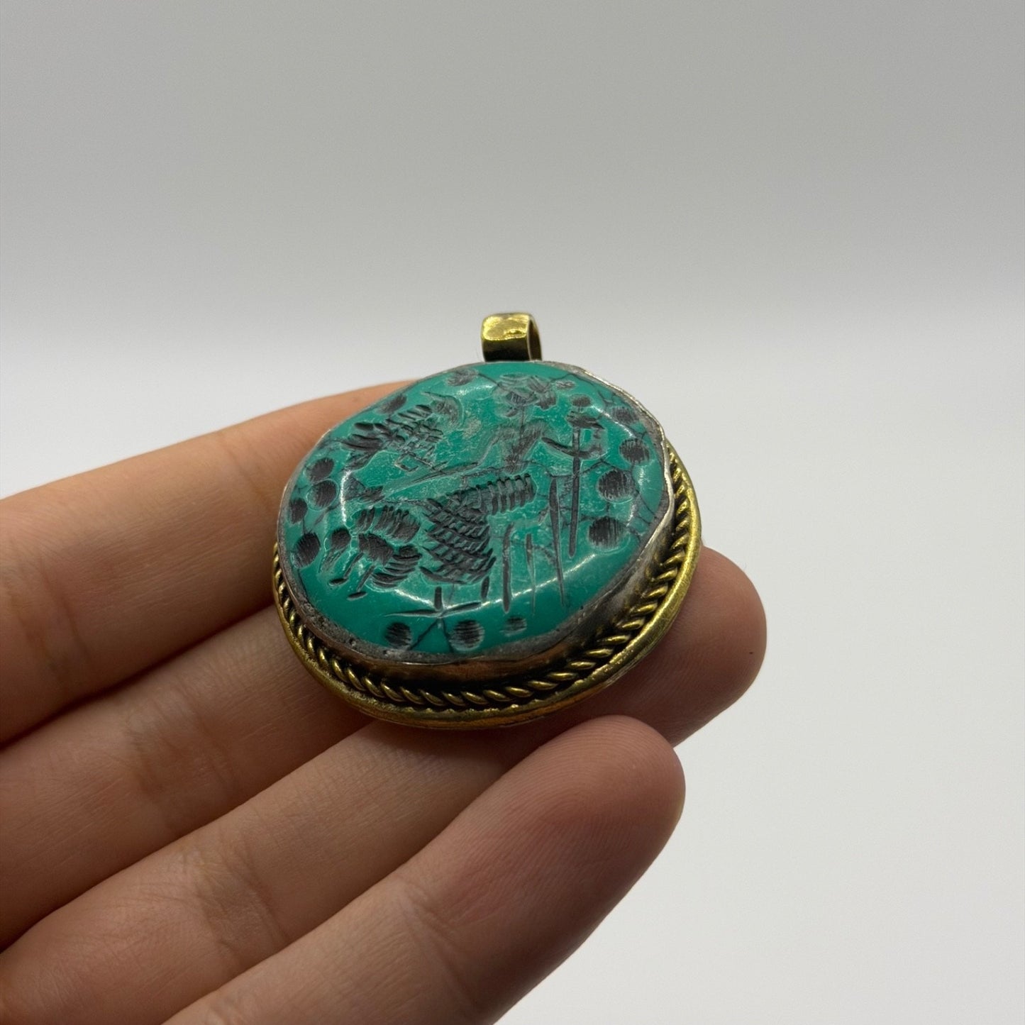 Ancient Near Eastern Style Hand Carved Intaglio Brass Pendant