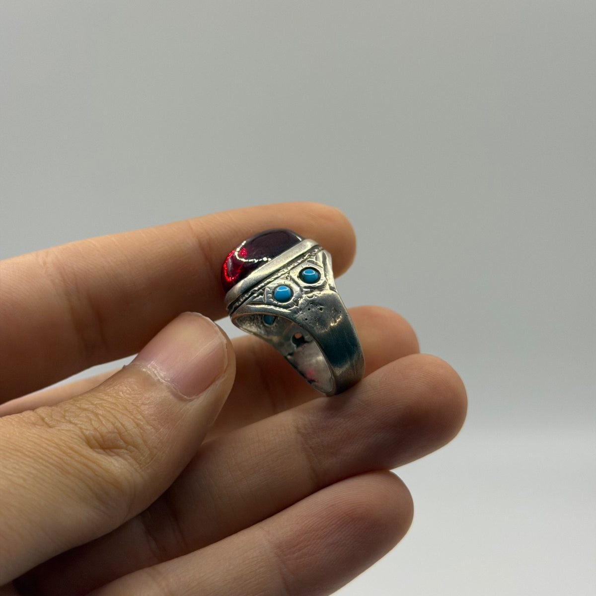 Vintage Silver Red Glass Ring Turquoise Accent Inlay Tribal Style