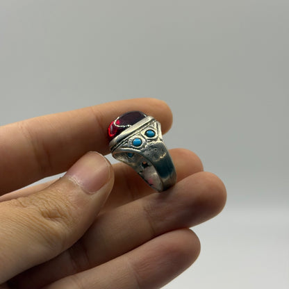Vintage Silver Red Glass Ring Turquoise Accent Inlay Tribal Style