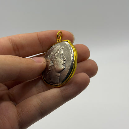 Ancient Roman Greek Inspired Silver Plated Gold Gilded Coin Pendant
