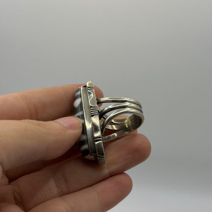 Vintage Tibetan Dzi Bead Sterling Silver Ring