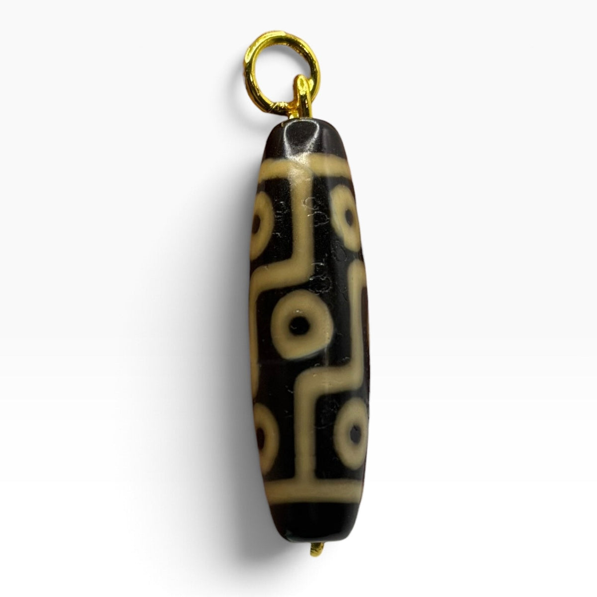 Vintage Tibetan Dzi Eye Agate Bead Tube Pendant Gold Tone Charm