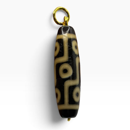 Vintage Tibetan Dzi Eye Agate Bead Tube Pendant Gold Tone Charm